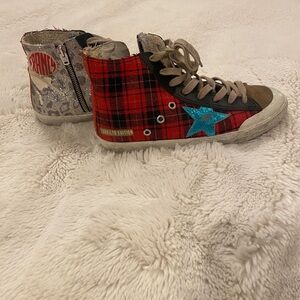 Golden Goose Red Plaid and Blue Star Sneakers